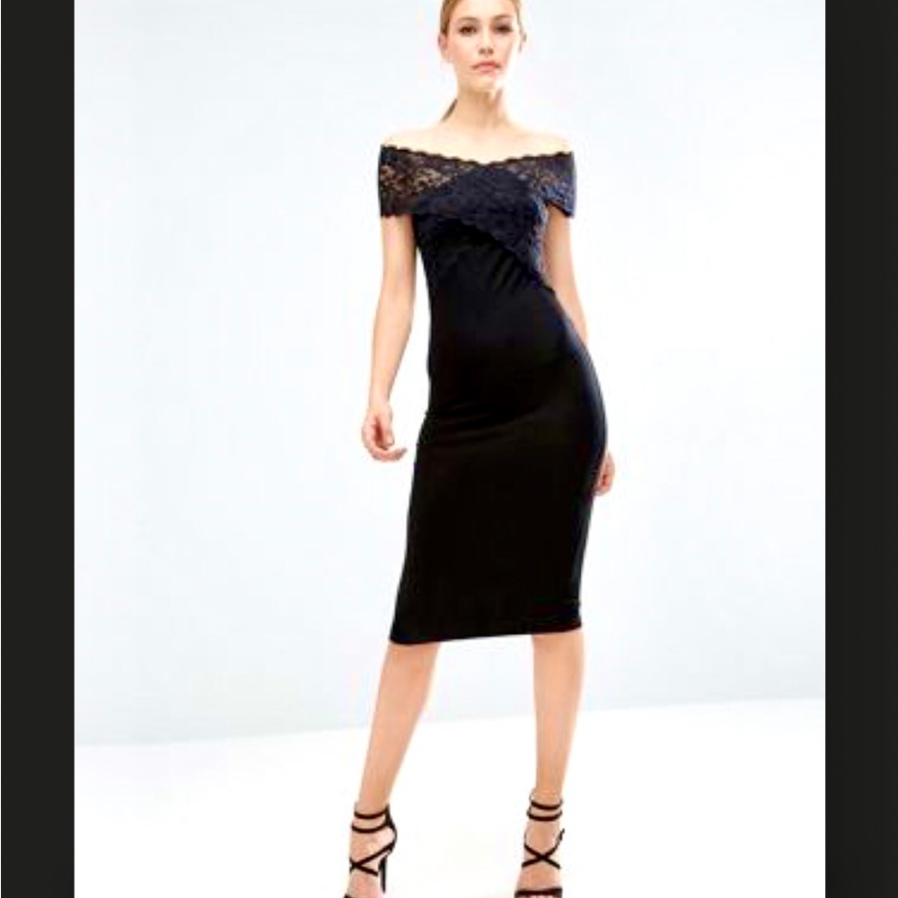 SOLD🔴 NWT ASOS black sheath off the shoulder style lace midi dress size XS/S